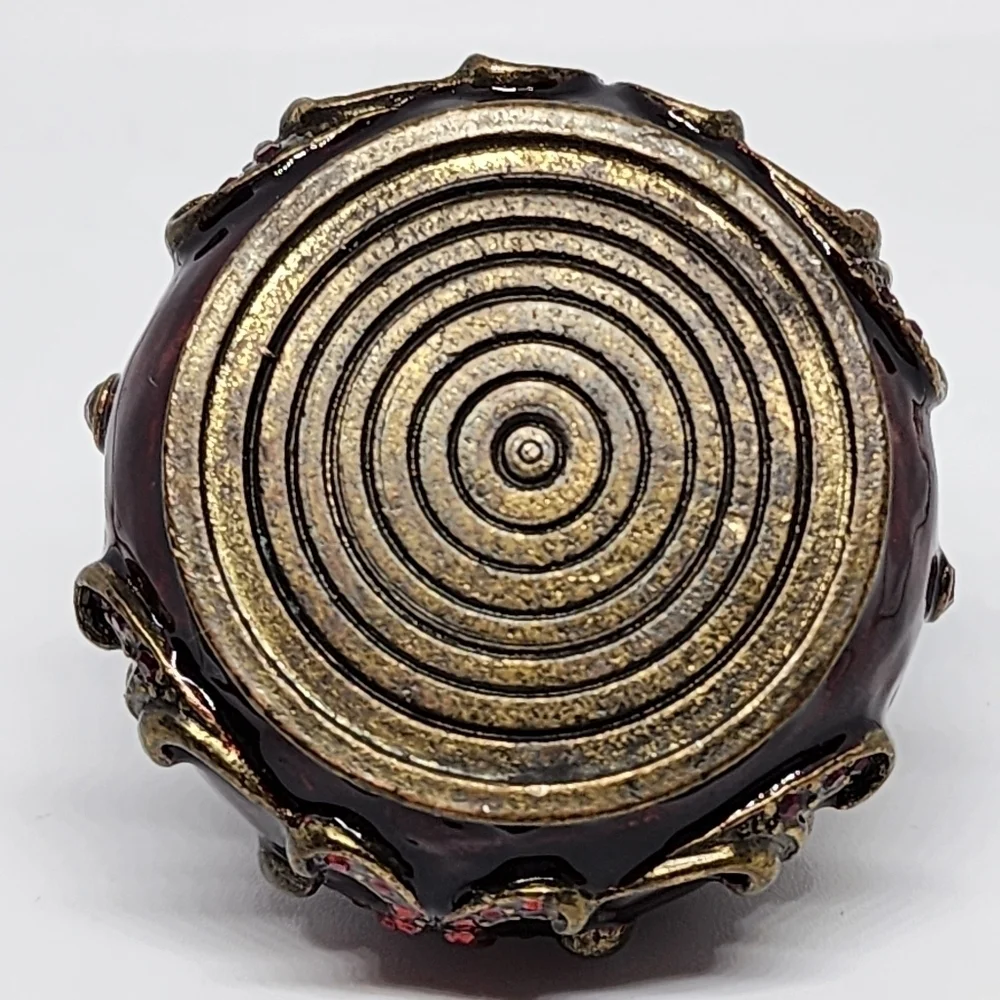 ENAMELED TRINKET BOX JULY BIRTHSTONE Red Faux Garnet Ruby Scroll Copper Toned